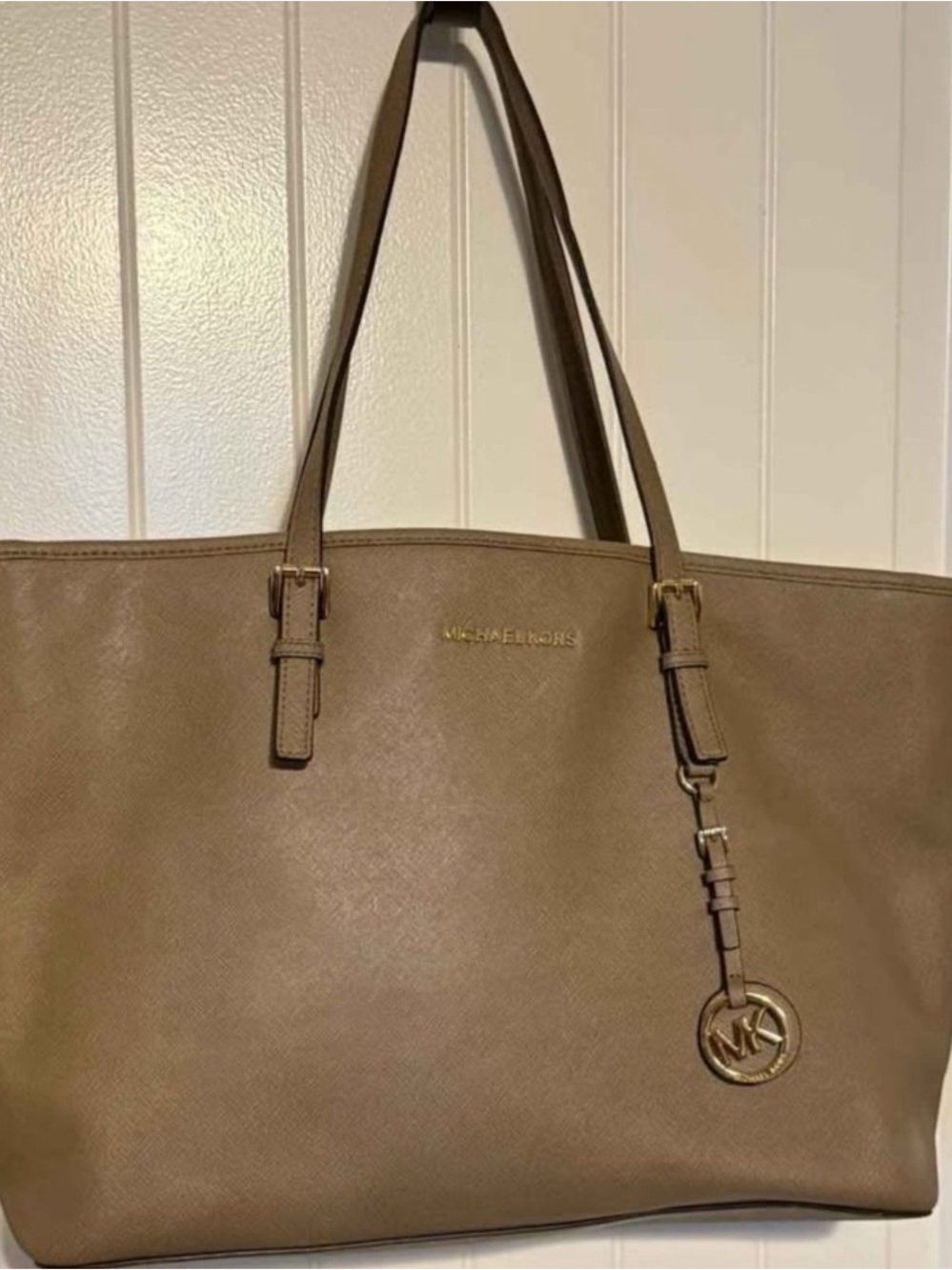 Michael Kors Taupe Brown Saffiano Leather Tote with MK Charm